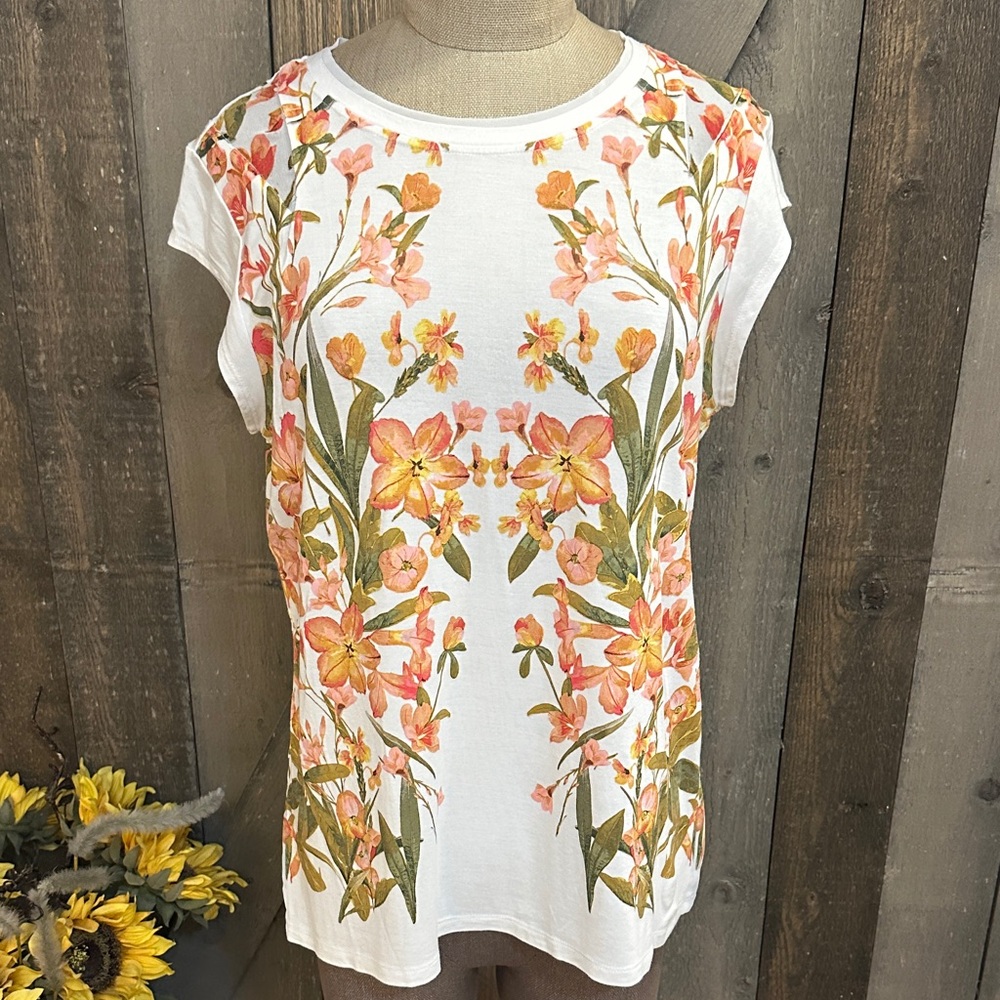Karl Lagerfeld Floral Blouse White Pink Feminine Spring Top Cap Sleeve Size M